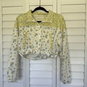 Aeropostale Cropped White & Yellow Floral Windbreaker Jacket Size Small